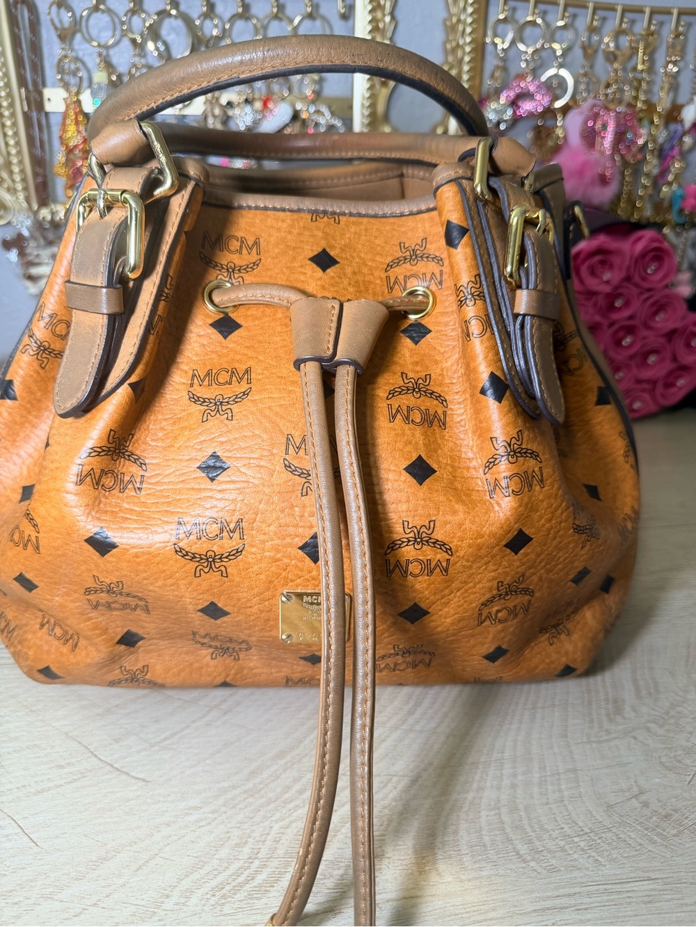 MCM Cognac/Black Visetos Drawstring Satchel